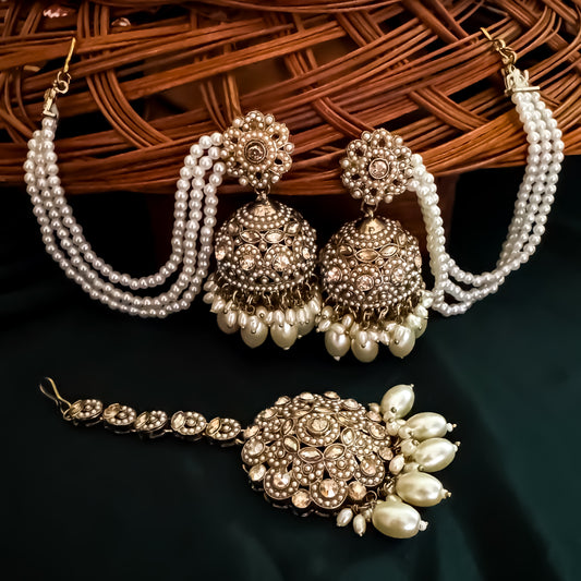 Mahtaab Jadau Reverse AD Jhumka Earrings with Earchain & Teeka - Golden