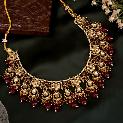 Etika Premium Kundan Necklace Set - Maroon