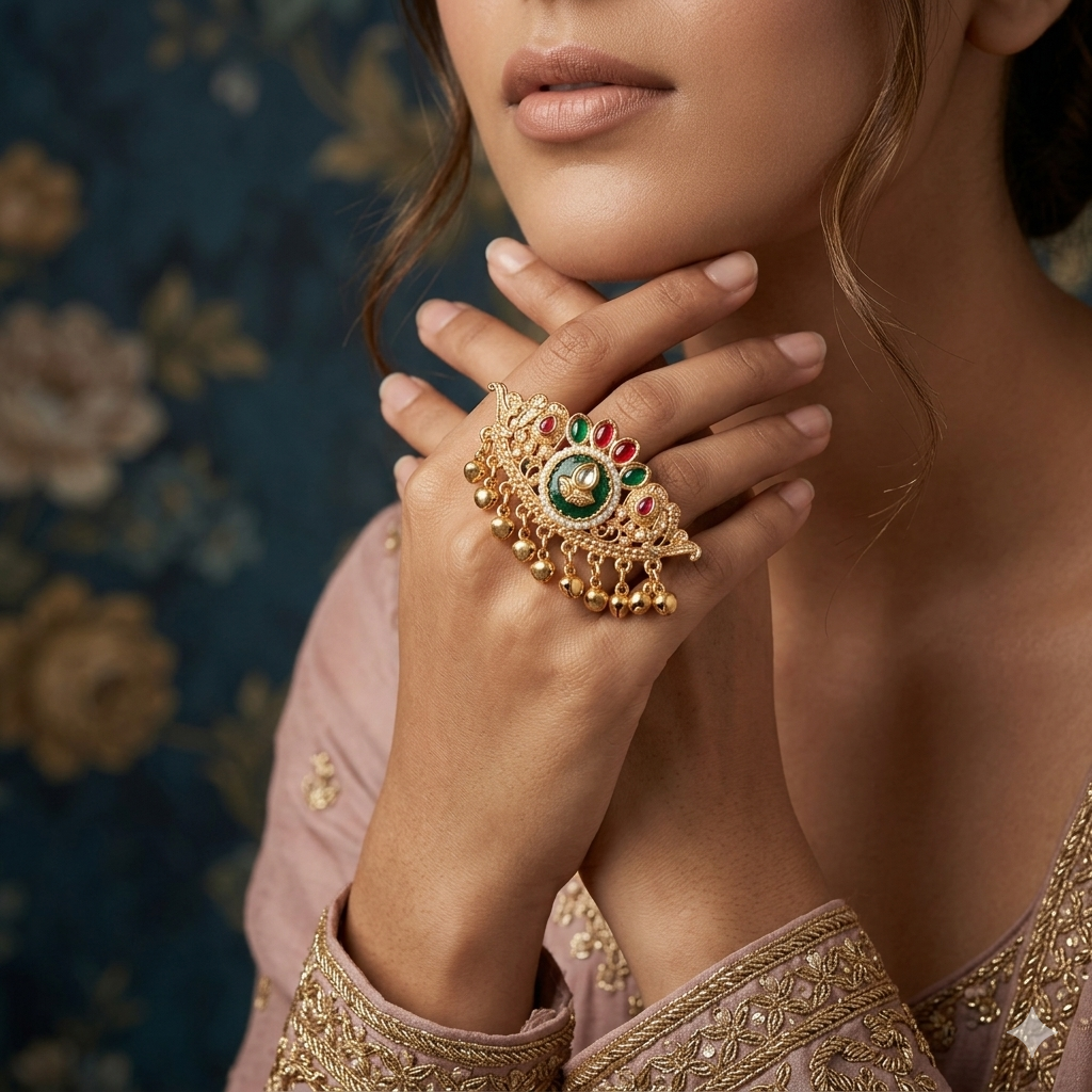 Nitibha Premium Kashmiri Double Finger Adjustable Ring - Pink & Green