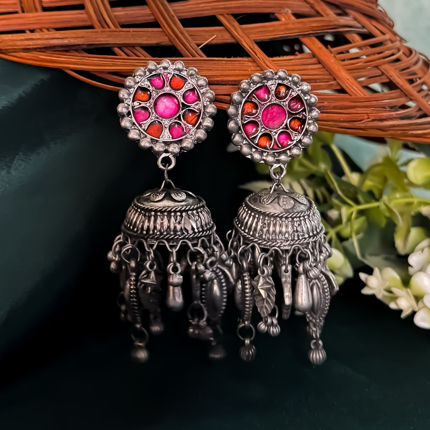 Neha Vintage Polish Jhumka Earrings- Pink
