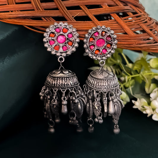 Neha Vintage Polish Jhumka Earrings- Pink