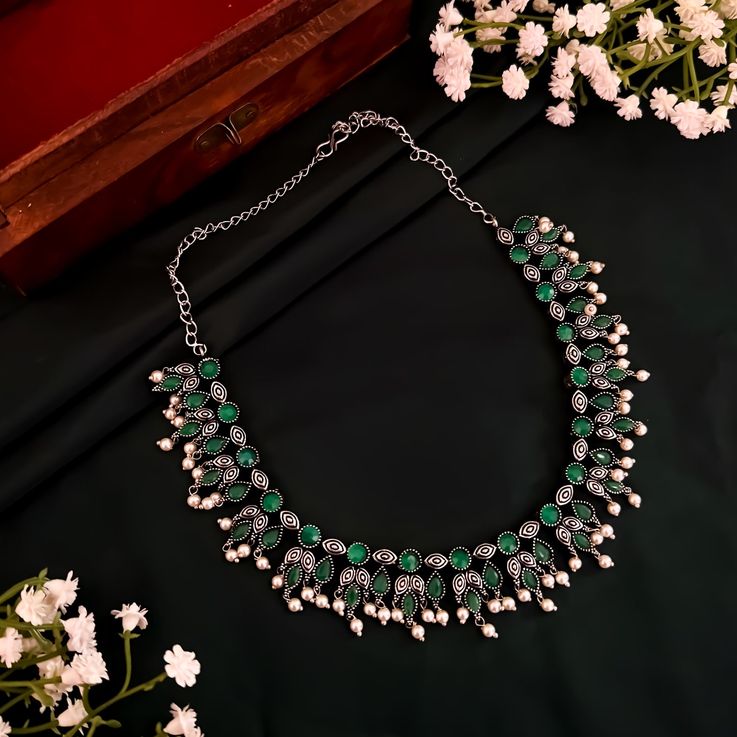 Kimaya Silver Necklace Set- Green