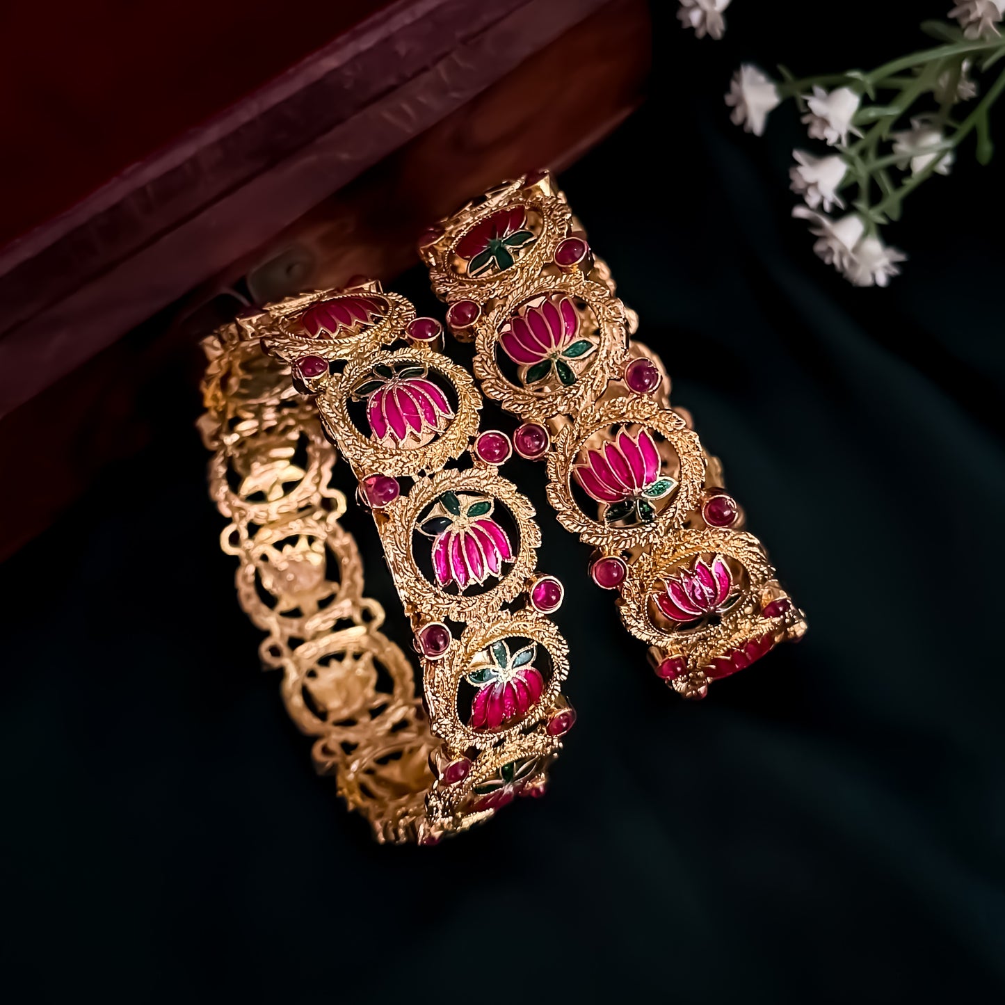Kamalika Temple Gold Bangles - Set of 2 (Pink & Green)