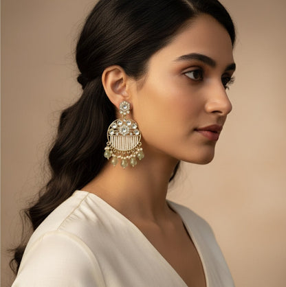 Adah Pearl Kundan Chandbali Earrings - Pista Green