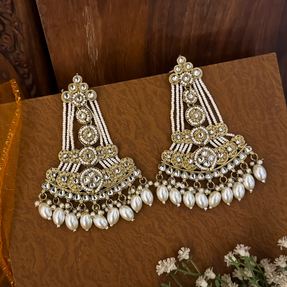 Golden Kinza Kundan Pearl Chandbali Earrings