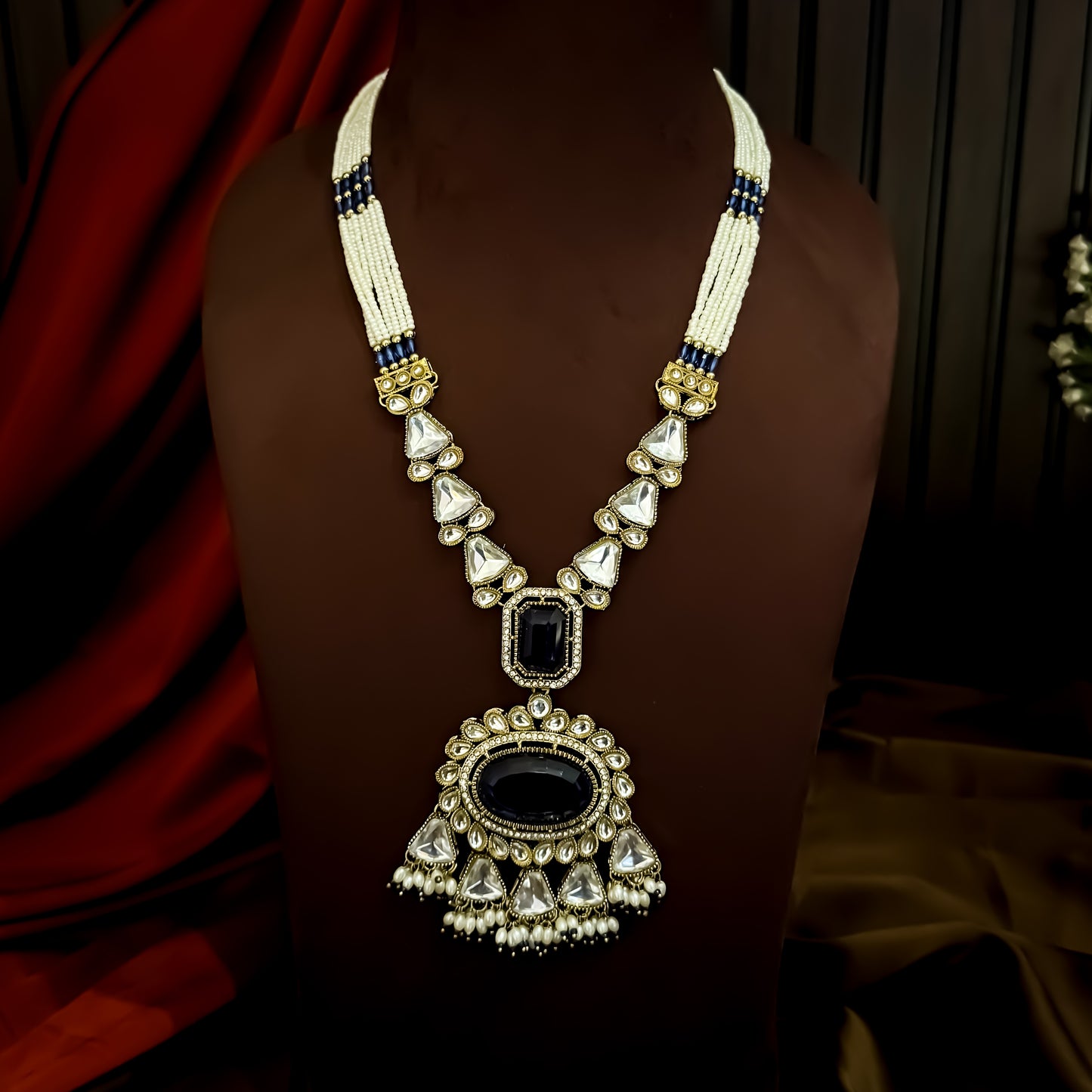 Israni Premium Kundan Long & Short Necklace Set - Royal Blue