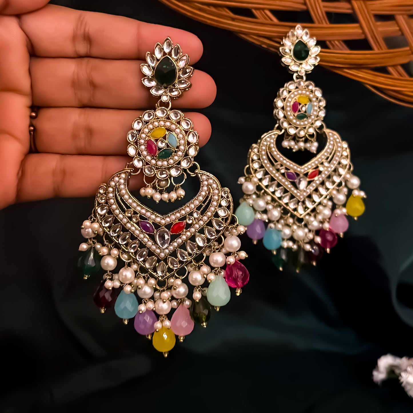 Shaba Jadau Kundan Chandbali Earrings - Multi