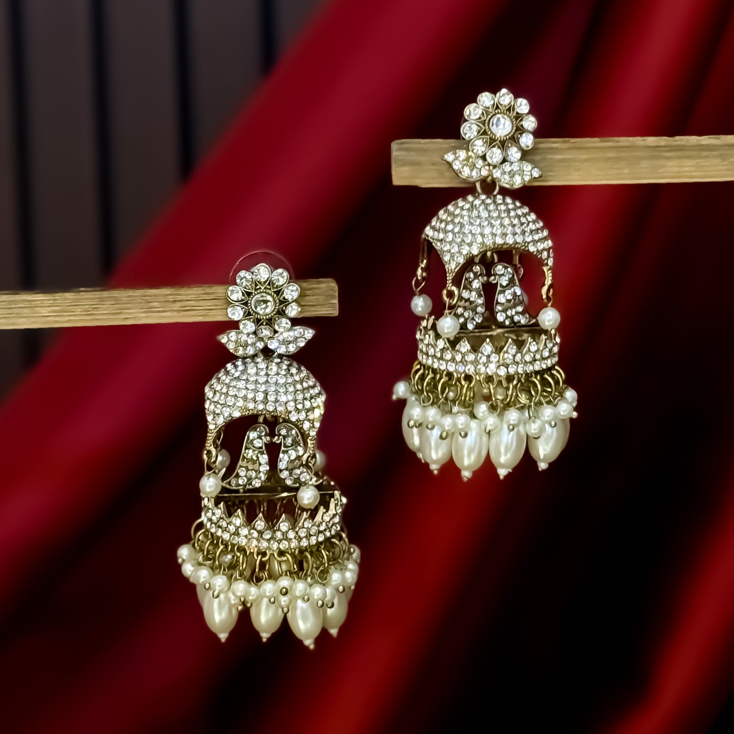 Love Bird Zircon Designer Premium Jhumka Earrings - Golden