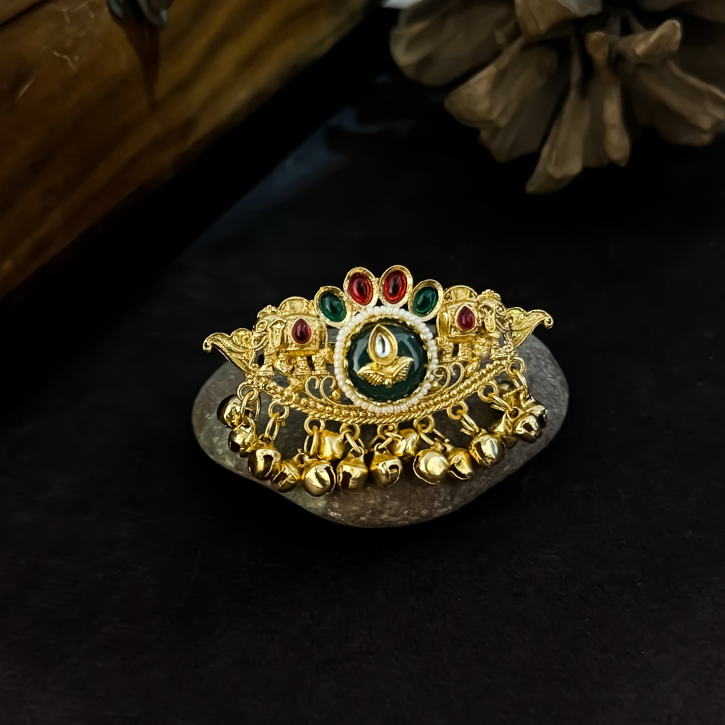 Nitibha Premium Kashmiri Double Finger Adjustable Ring - Pink & Green