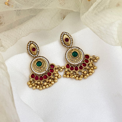 Sharda Fusion Rajwadi Kashmiri Brass Ghungroo Chandbali Earrings - Pink & Green