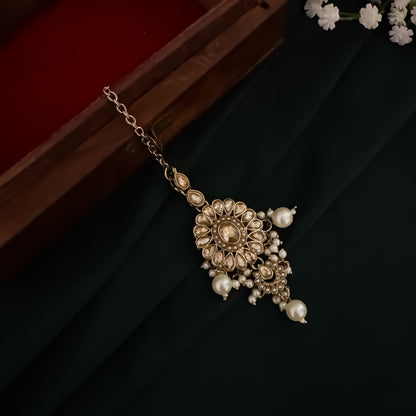Noorani Reverse AD Necklace Set with Jhumka Sahara Earrings & Teeka - Golden