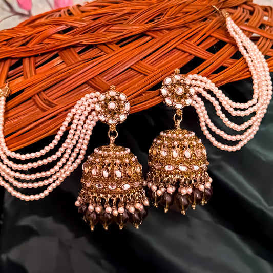 Mehvish Jadau Reverse AD Jhumka Earrings with Earchain - Mehendi Green