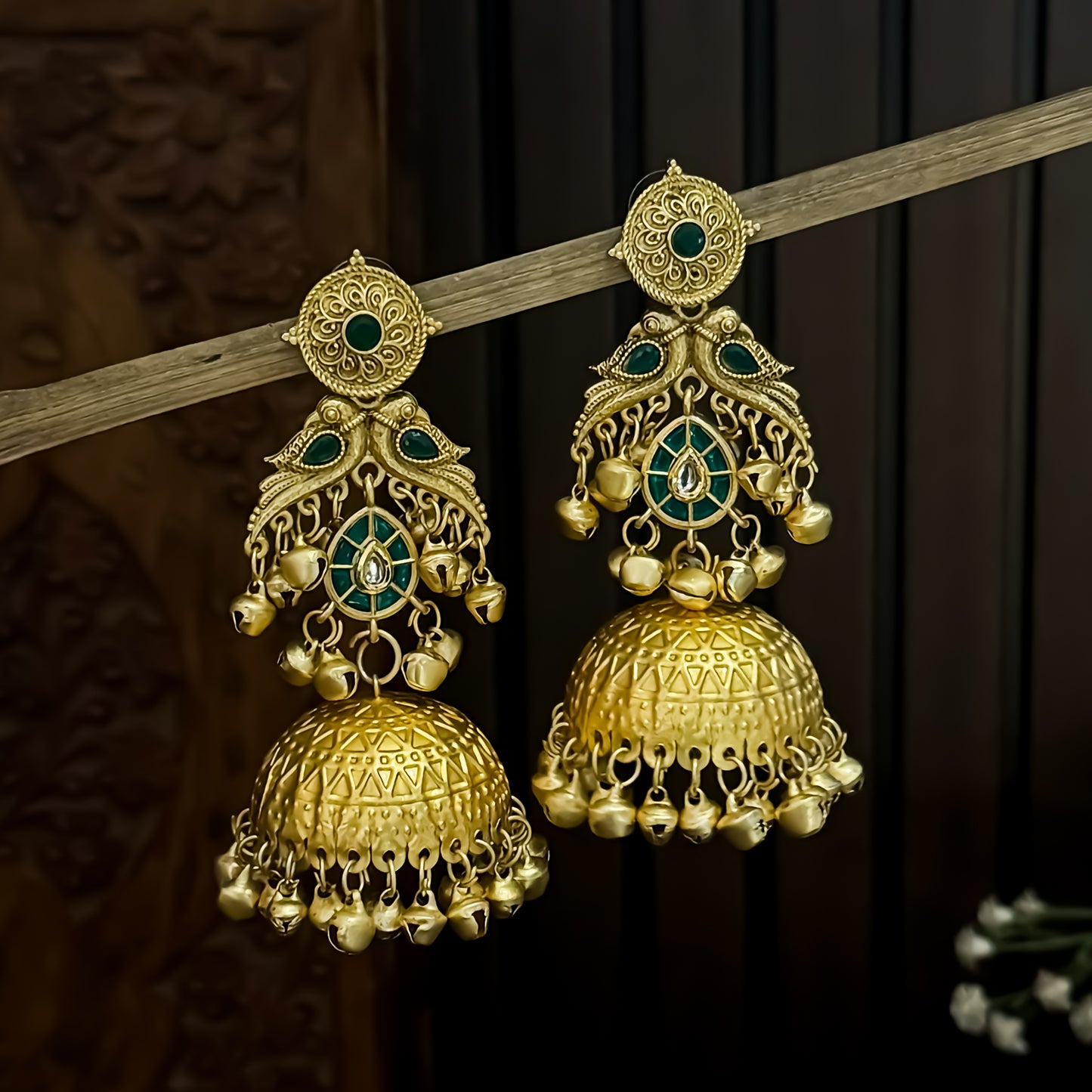 Jhalak Premium Kashmiri Matte Polish Ghungroo Jhumka Earrings - Green