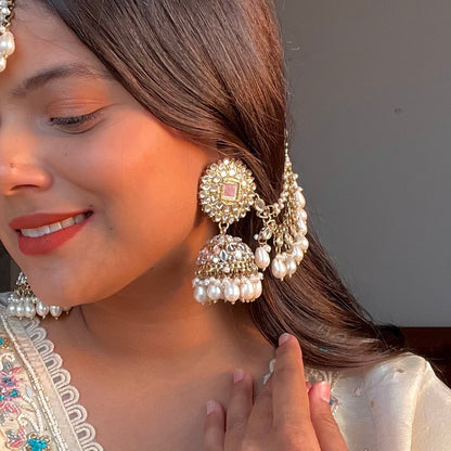 Masaba Mirror Jhumka Earrings with Sahara & Tika Set - Golden