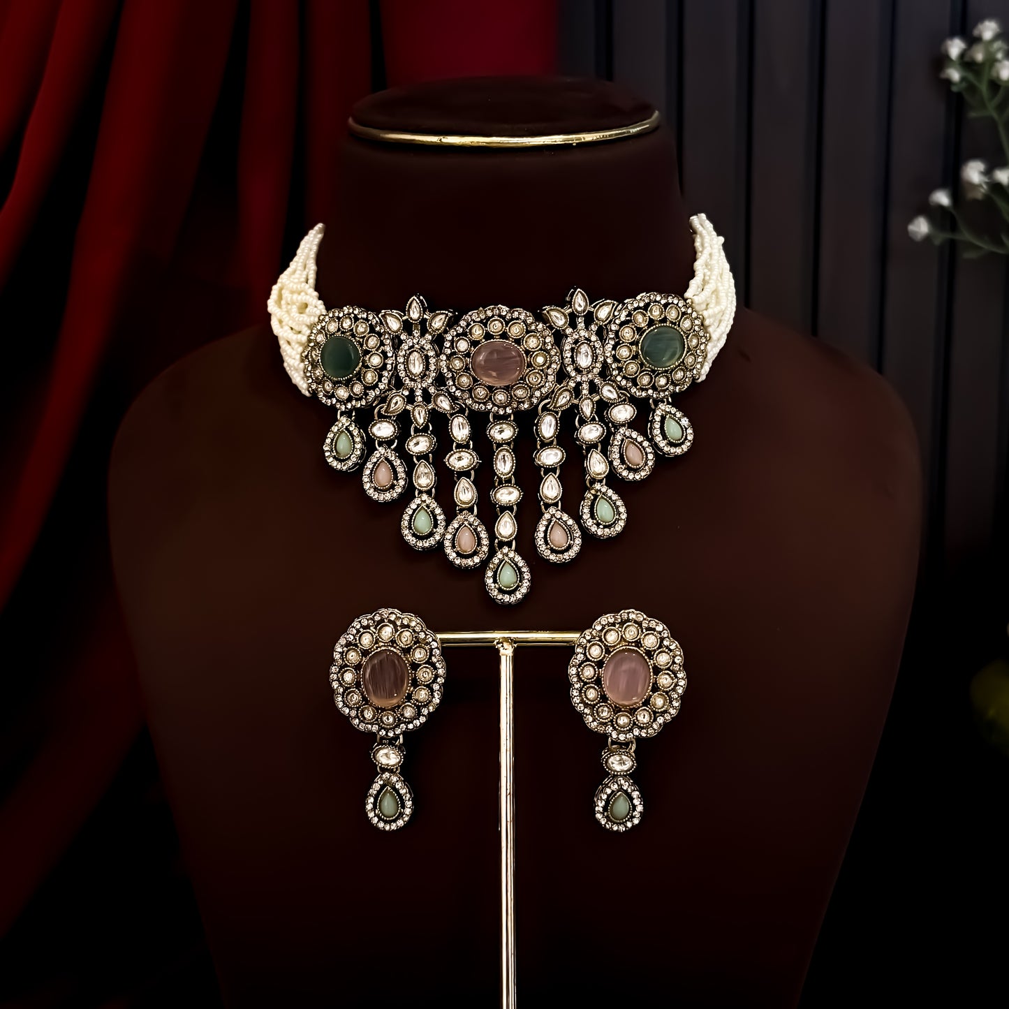 Rumani Premium Victorian Style Choker Necklace Set- Pastel Pink & Green