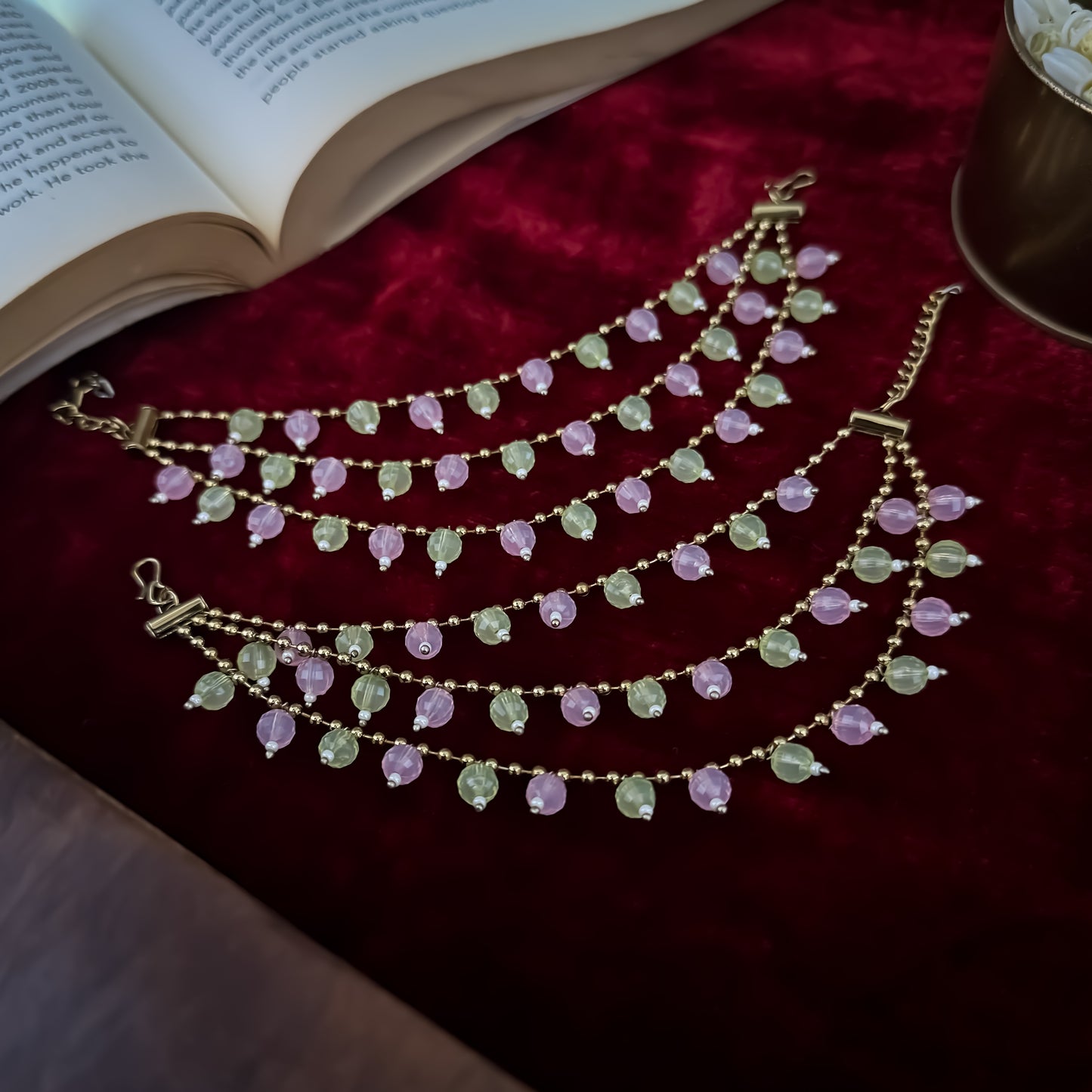 Ishana 3 Layer Pearl Detachable Earchains - Pastel Pink & Green