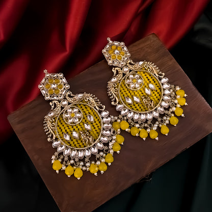Dhwani Kundan Pearl Chandbali Earrings - Yellow