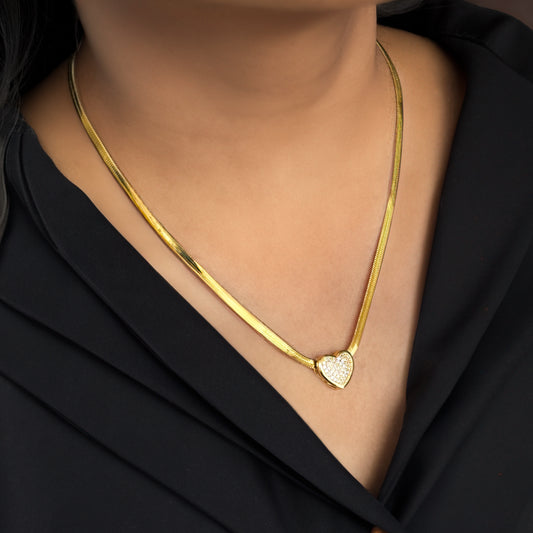 Luna 18K Gold Plated AntiTarnish Snake Chain with Heart Golden AD Pendant