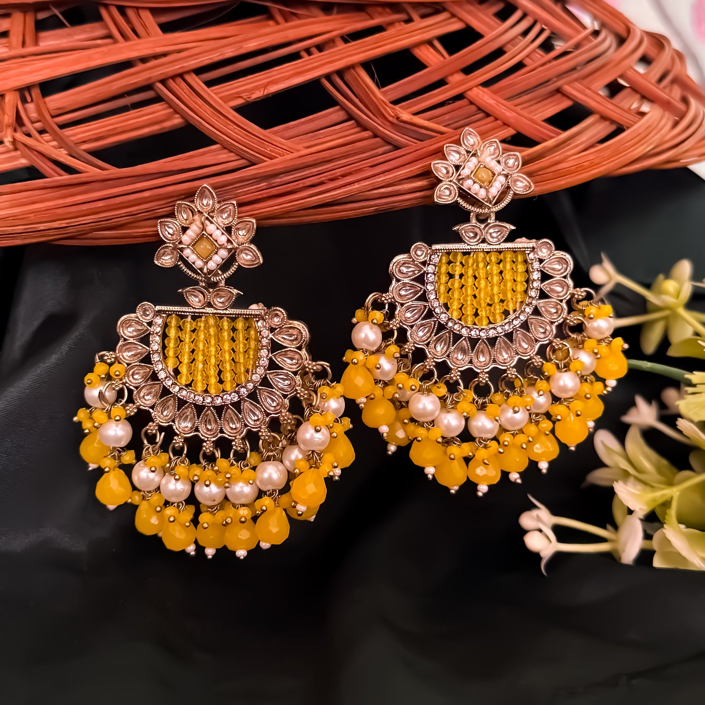 Mansa Kundan Pearl Chandbali - Yellow