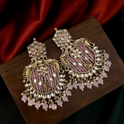 Dhwani Kundan Pearl Chandbali Earrings - Baby Pink