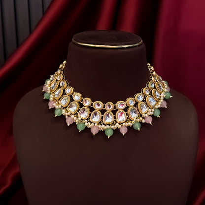Reeti Kundan Pearl Necklace Set - Pastel Pink & Pastel Green