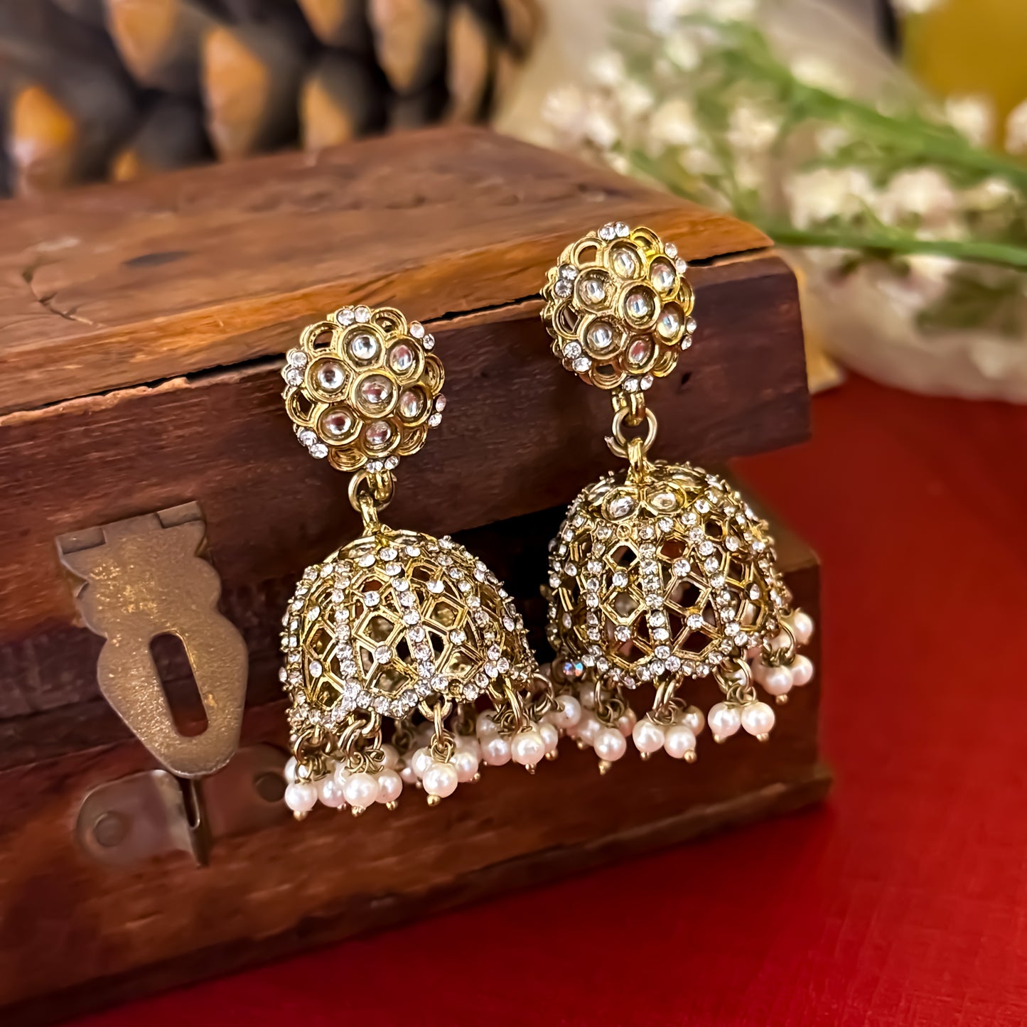 Golden Hanika Cutwork Jhumka Earrings