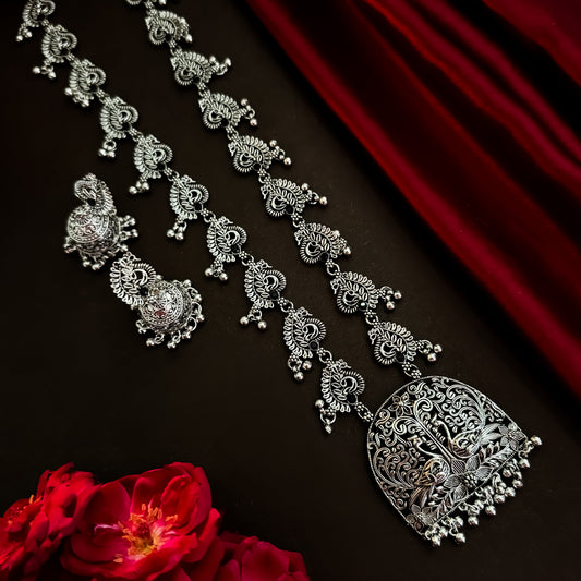 Snehal Peacock Motif Long Necklace Set
