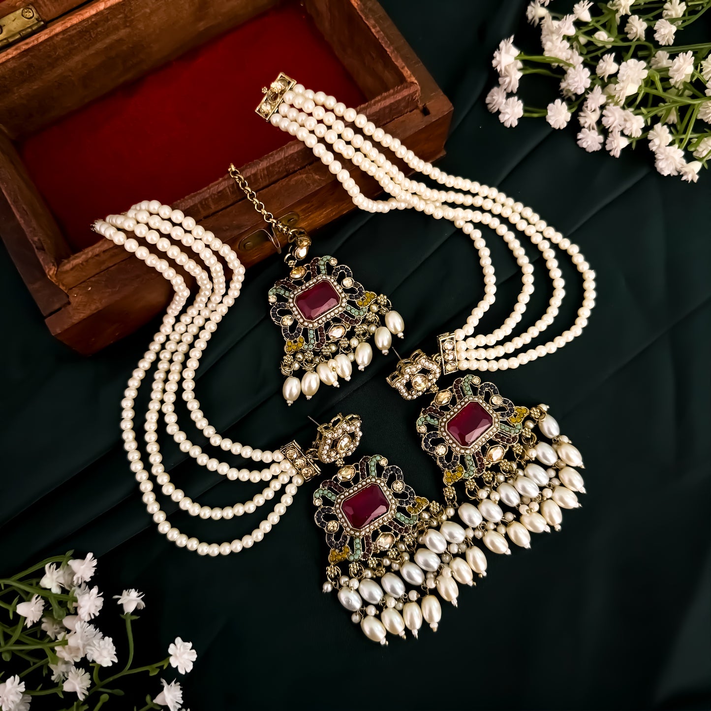 Jodha Jadau Reverse AD Necklace Set with Sahara Earrings & Teeka - Multi