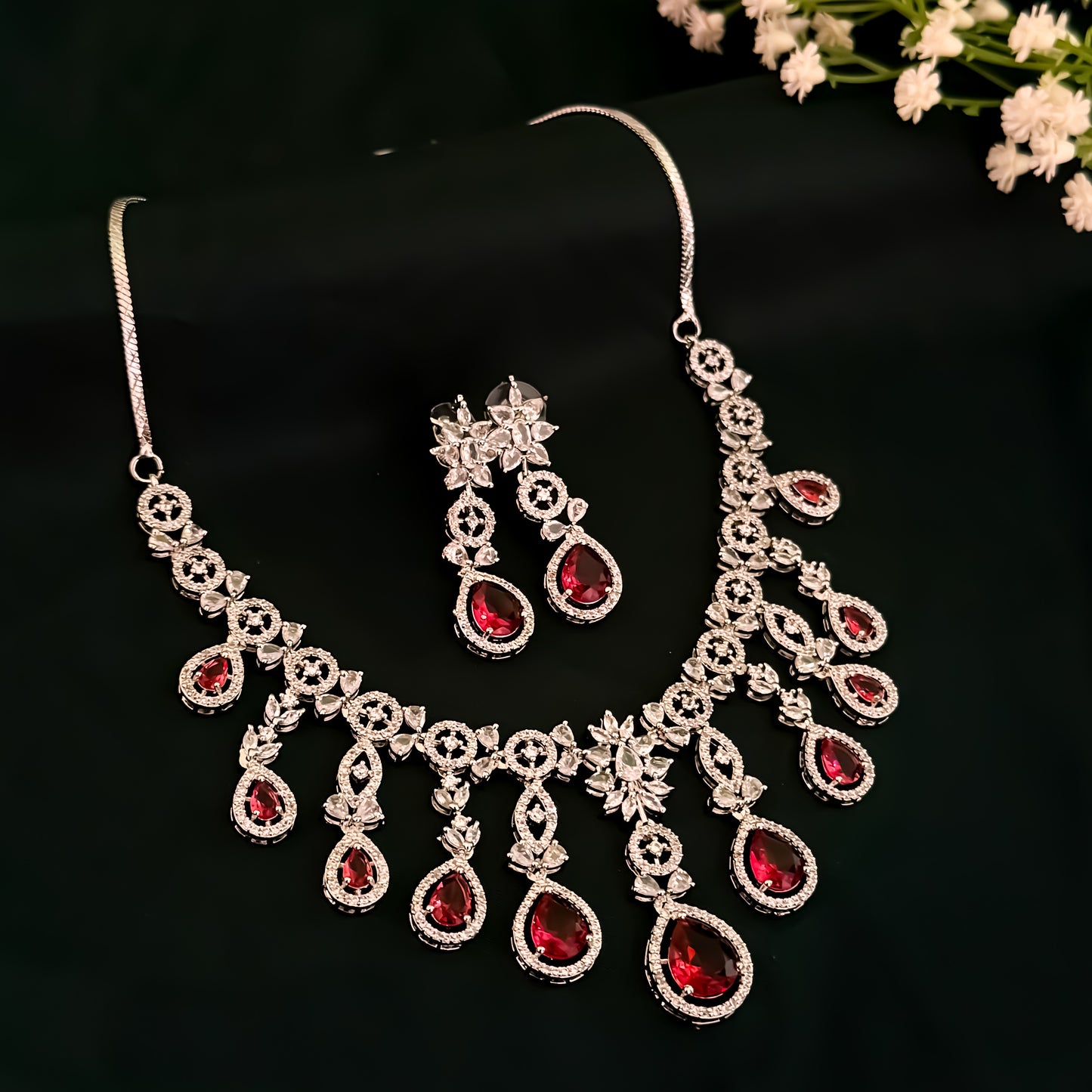 Miren American Diamond Necklace Set - Ruby Red