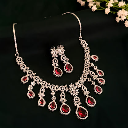 Miren American Diamond Necklace Set - Ruby Red