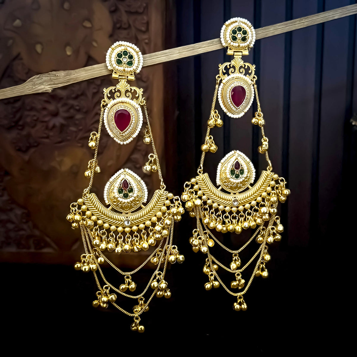 Tarika Kashmiri Brass Ghungroo Chandbali Earrings - Pink & Green