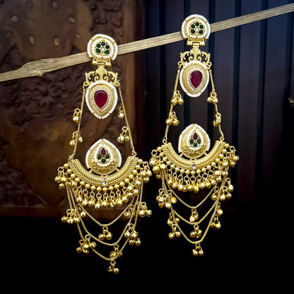 Tarika Kashmiri Brass Ghungroo Chandbali Earrings - Pink & Green