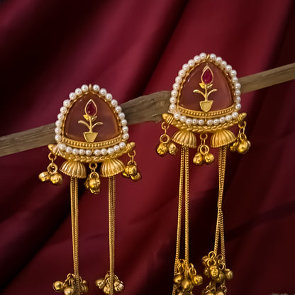 Vishakha MOP Kashmiri Brass Dejhoor Ghungroo Jhumka Earrings - Pastel Pink