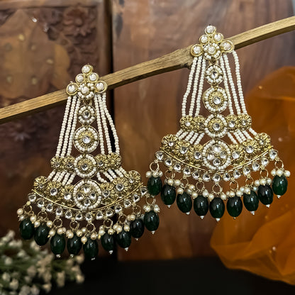 Green Kinza Kundan Pearl Chandbali Earrings