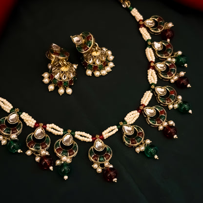 Shradha Premium Kundan Sleek Choker Necklace Set - Maroon & Green