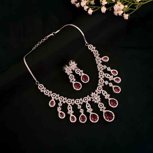 Miren American Diamond Necklace Set - Ruby Red