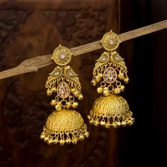 Jhalak Premium Kashmiri Matte Polish Ghungroo Jhumka Earrings - Pastel Pink & Green