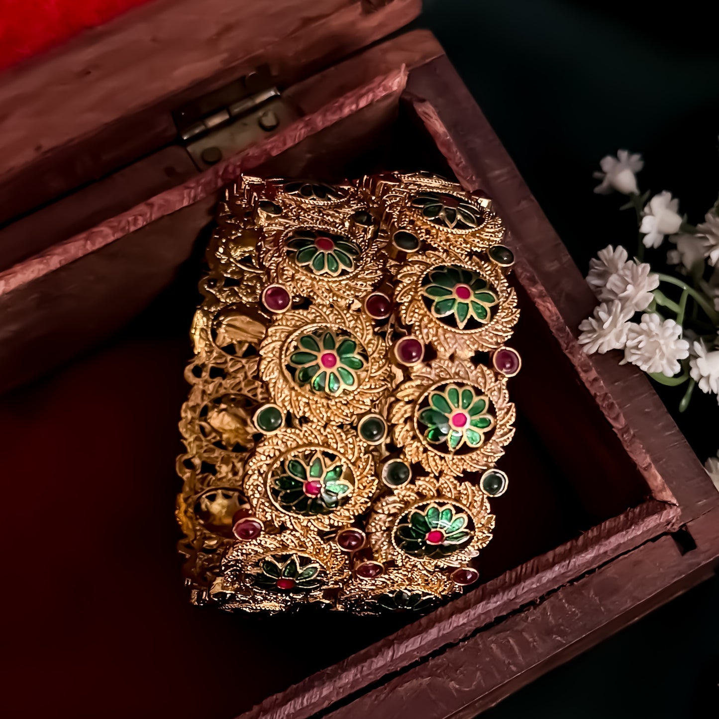 Keerthana Temple Gold Bangles - Set of 2 (Pink & Green)