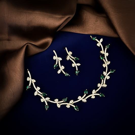 Green Diana Petals American Diamond Necklace Set