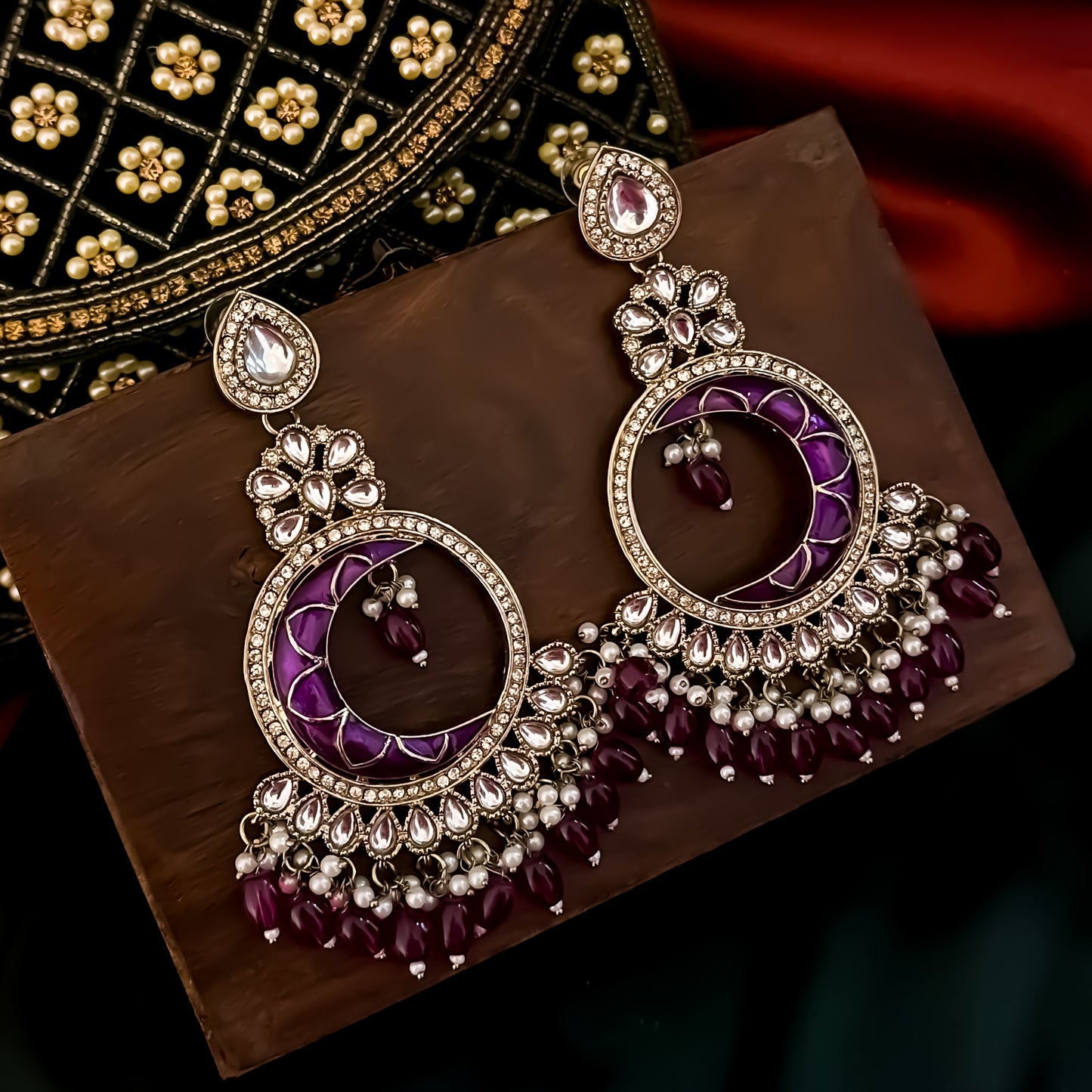 Kunica Kundan Pearl Chandbali Earrings - Purple
