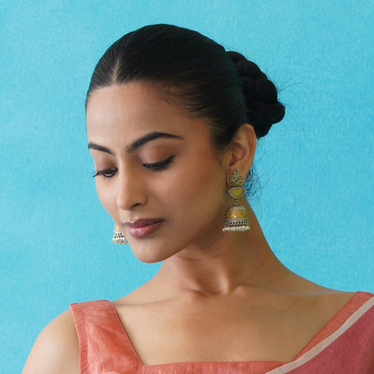 Monalisa Dual Tone Brass Jhumka Earrings - Lemon Yellow