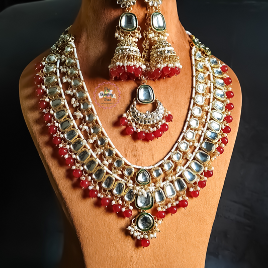 Deep Double layer Kundan Necklace Set - Red