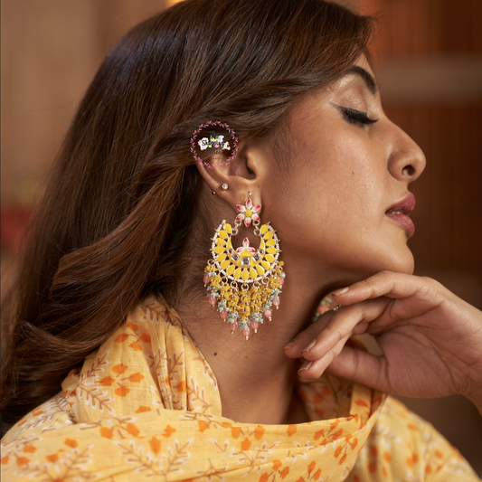 Reet Meenakari Crystal Chandbali Earrings - Yellow