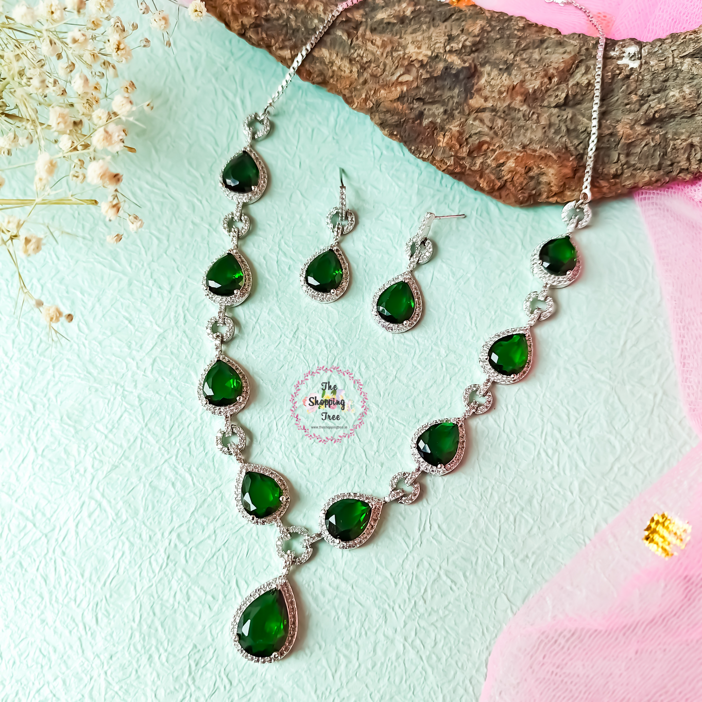 Kristine Premium American Diamond Necklace Set- Green