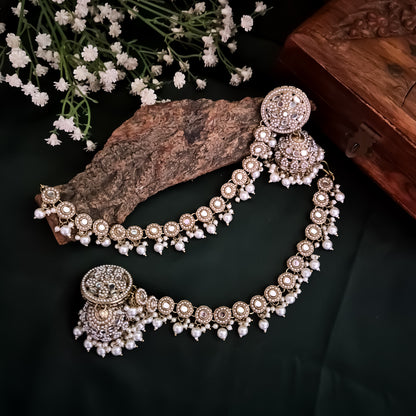 Rushda Jadau Mirror Jhumka Earrings with Sahara/Earchains - Golden
