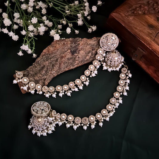 Rushda Jadau Mirror Jhumka Earrings with Sahara/Earchains - Golden