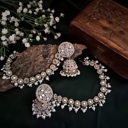 Rushda Jadau Mirror Jhumka Earrings with Sahara/Earchains - Golden