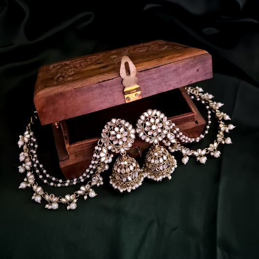 Mishika Mirror Jhumka Earrings with Sahara/Earchains - Golden