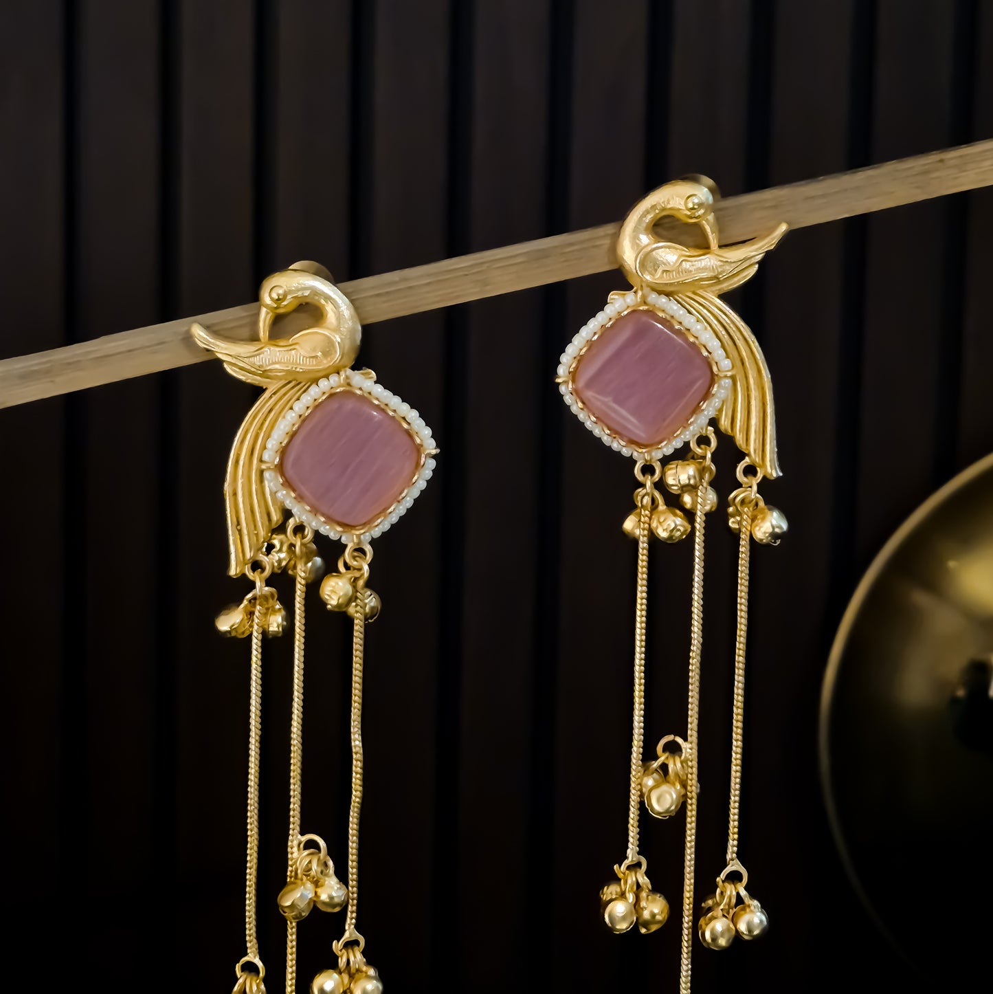 Mayur Kashmiri Brass Dejhoor Ghungroo Jhumka Earrings - Pastel Pink