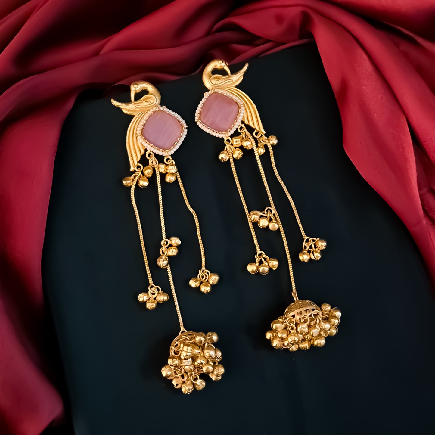 Mayur Kashmiri Brass Dejhoor Ghungroo Jhumka Earrings - Pastel Pink